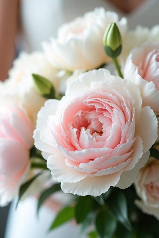 Bouquet da sposa con peonie bianche e rosa.