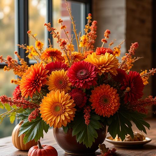 Composizione floreale con colori autunnali caldi.