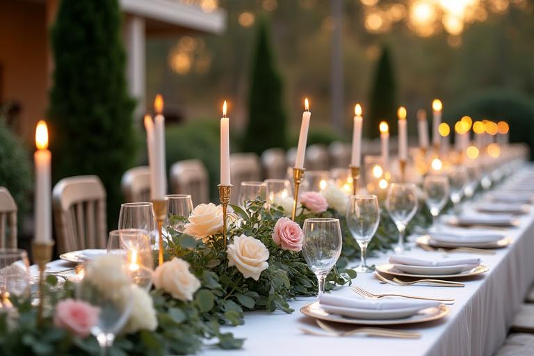 Tavola imperiale per un matrimonio decorata con ghirlande di eucalipto e rose.